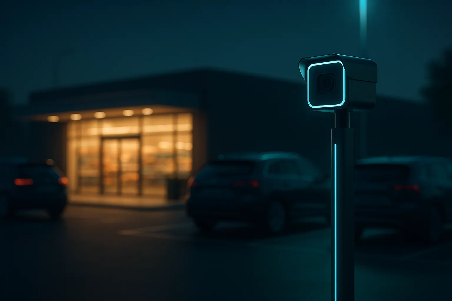 Kundenparkplatz eines Supermarkts mit Erkennungskamera am Eingang